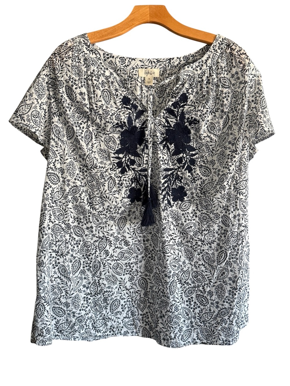Style & Co. White Blouse with Navy Floral Embroidery